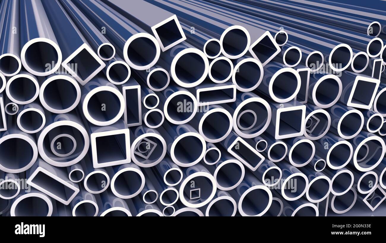 Stapel von silbernen Stahlrohren auf grauem Hintergrund. Metallurgisches Industriekonzept. Stockfoto