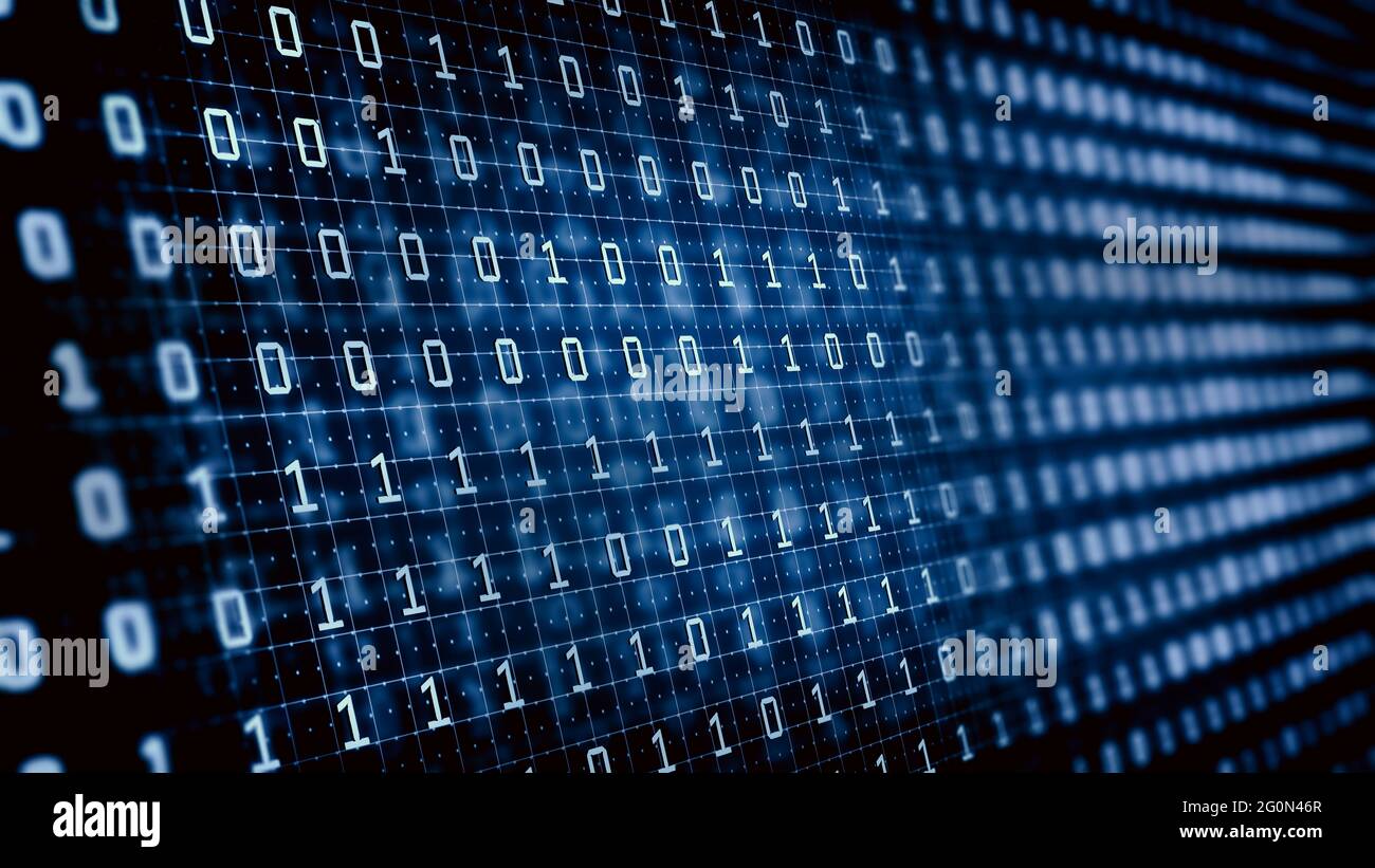 Binärcode im zukünftigen digitalen abstrakten Hintergrund. Modernes Technologie-Hex-Code-Konzept. Stockfoto