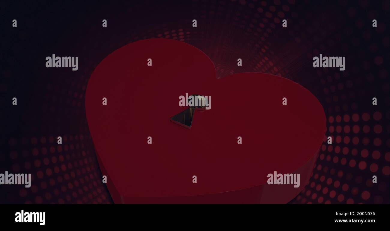 Komposition aus 3d-rotem Herzschloss mit Schlüsselloch über dunklem, rotem LED-Lichttunnel auf schwarzem Hintergrund Stockfoto