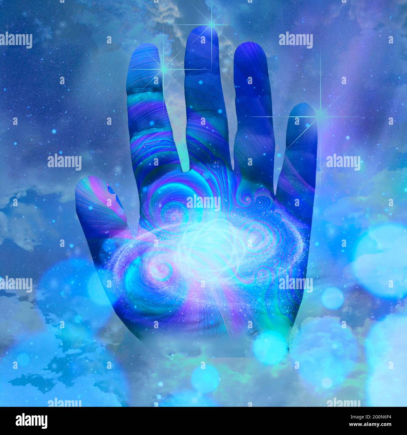 Offenes Hand- und Partikeldesign. Gewirr von Sternen. 3D-Rendering Stockfoto