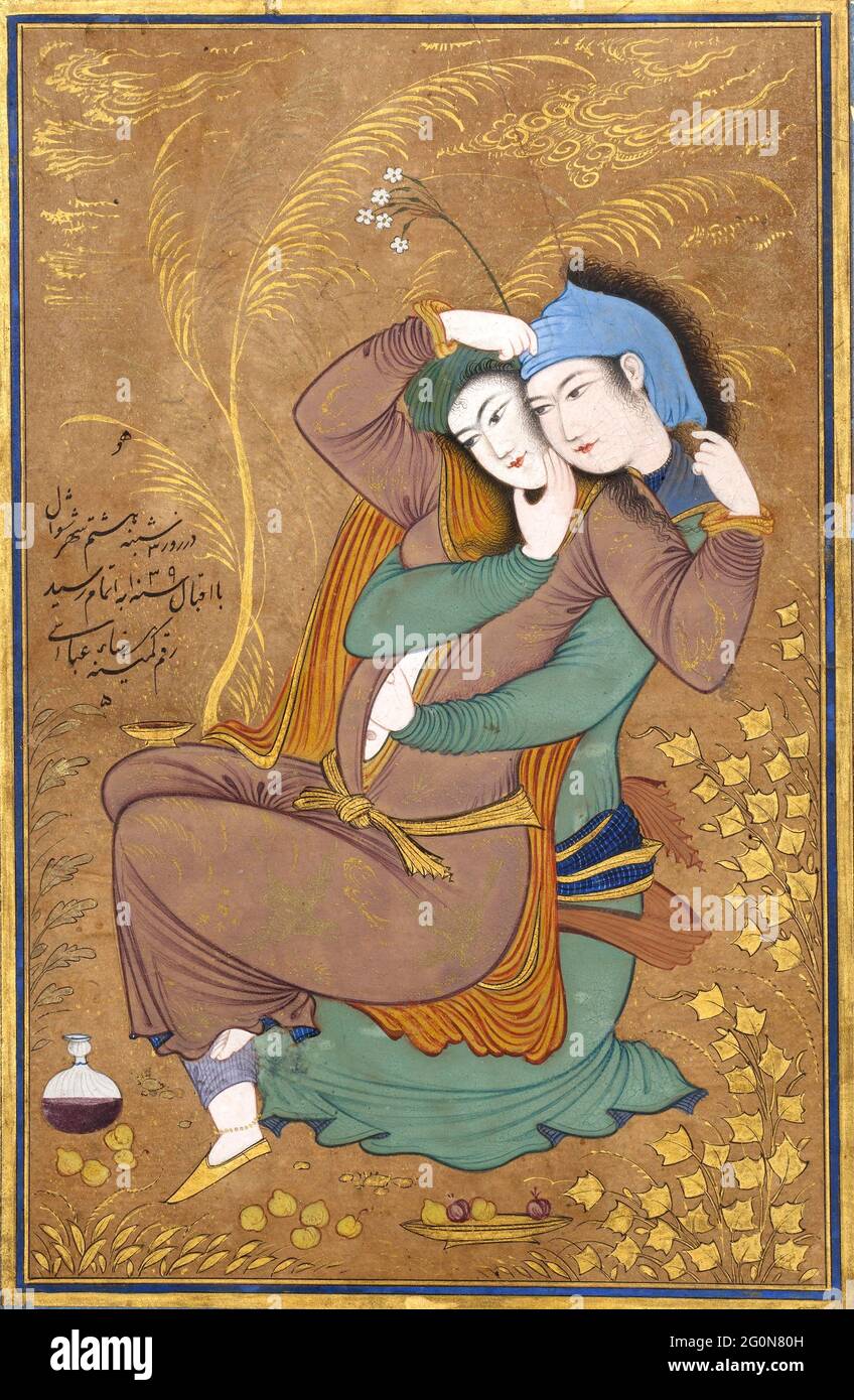 The Lovers von Reza Abbasi, Riza yi-Abbasi oder Reza-e Abbasi, (c. 1565-1635), opakes Aquarell, Tinte und Gold auf Papier, 1630 Stockfoto