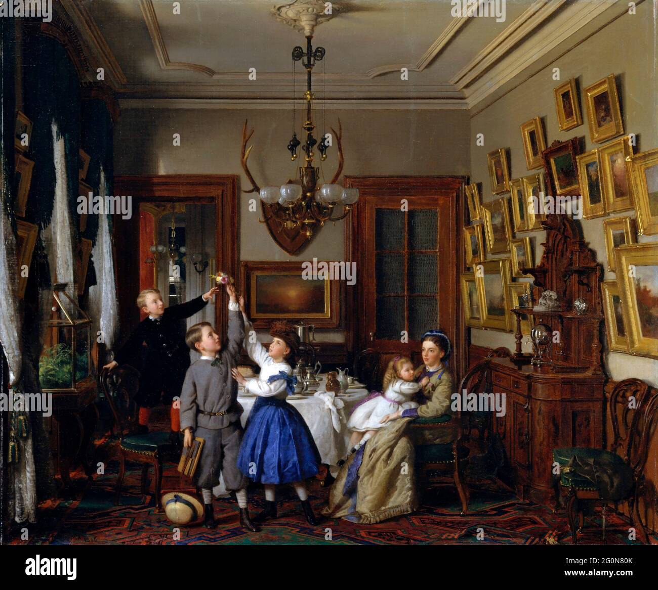 The Contest for the Bouquet: The Family of Robert Gordon in their New York Dining-Room von Seymour Joseph Guy (1824–1910), Öl auf Leinwand, 1866 Stockfoto