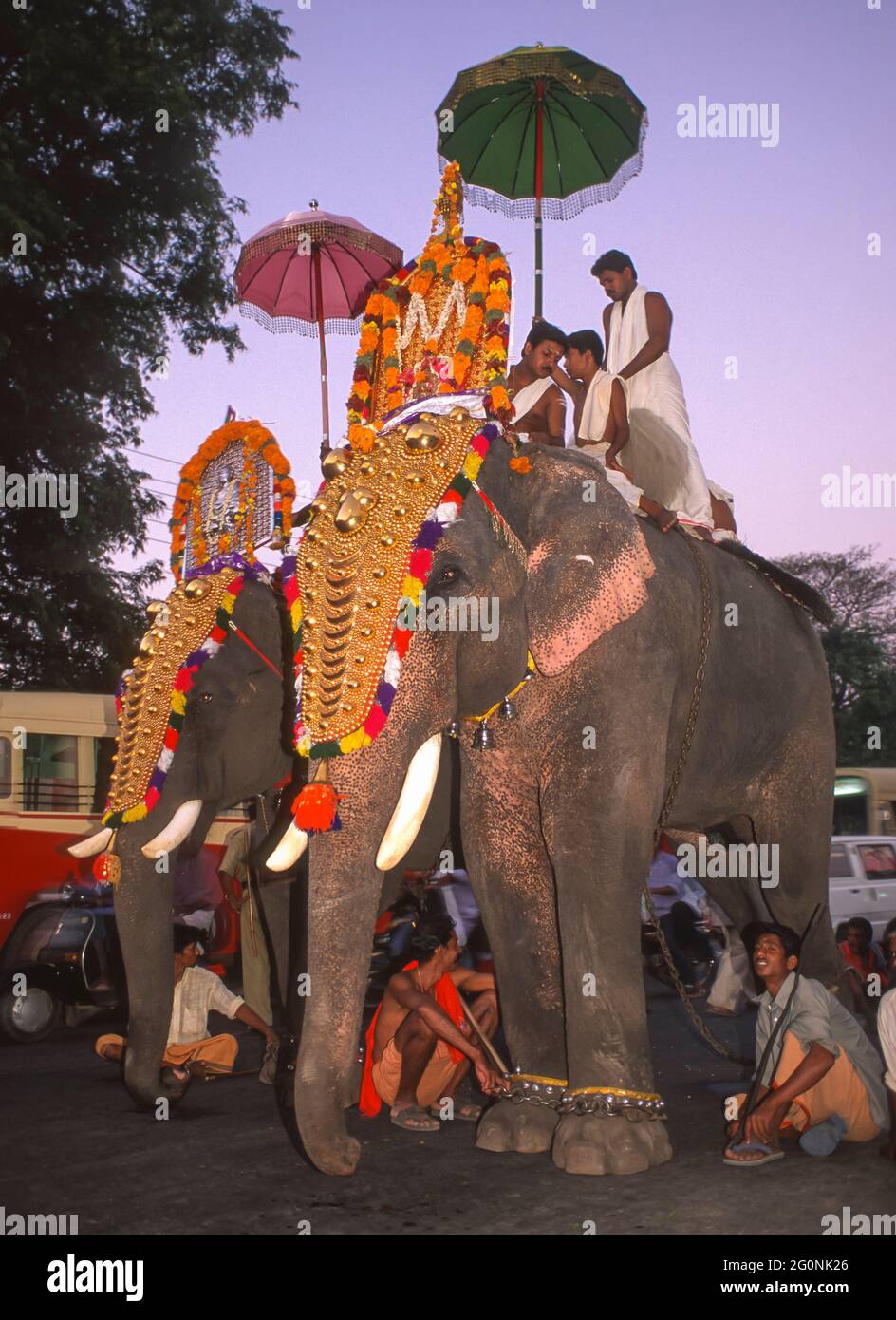 COCHIN, KERALA, INDIEN - hinduistische religiöse Prozession mit vergoldeten Elefanten und ihren Handler Mahouts, auf den Straßen von Cochin, Ernakulam Bezirk. Stockfoto