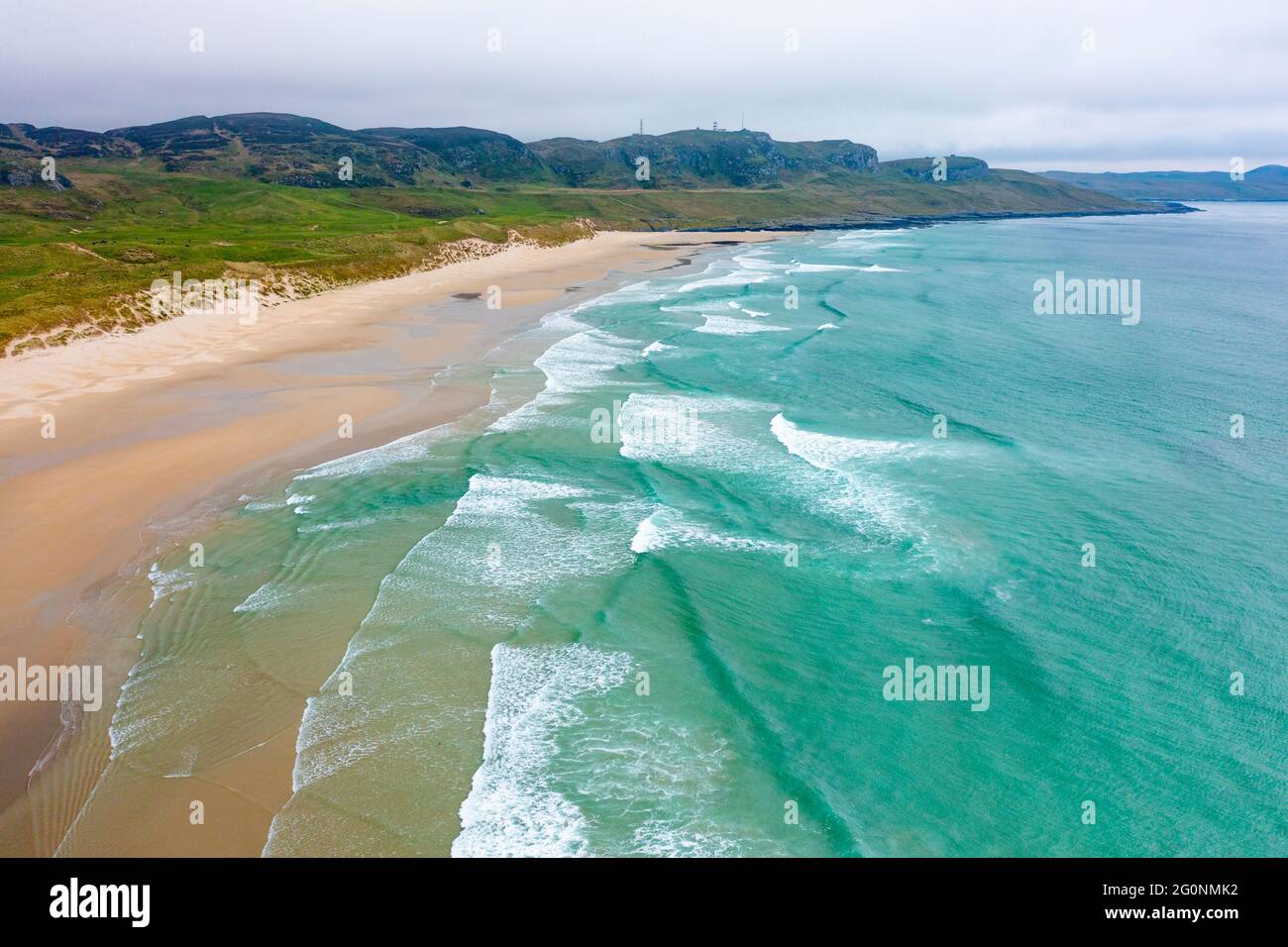 Luftaufnahme des Strandes an der Machir Bay an der Westküste von Islay, Inner Hebrides, Argyll & Bute, Schottland, Großbritannien Stockfoto