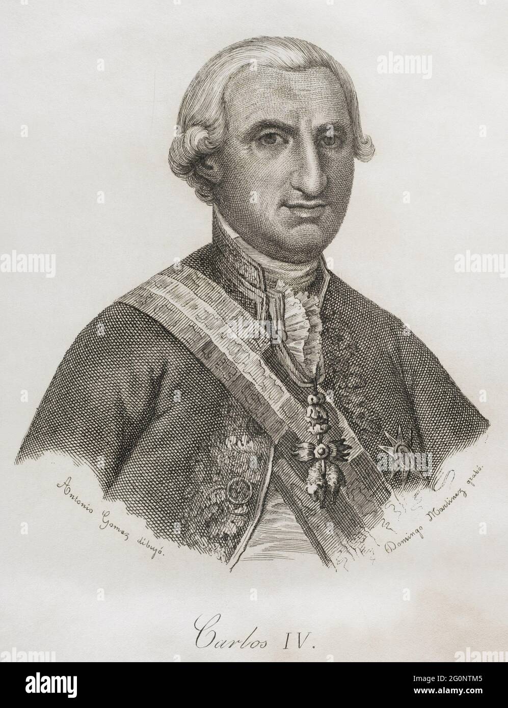 Karl IV. (1748-1819). König von Spanien (1788-1808). Bourbon-Dynastie. Hochformat. Illustration von Antonio Gómez. Stich von Domingo Martínez. Historia del Levantamiento, guerra y Revolución de España am Conde de Toreno. Madrid, 1851. Stockfoto