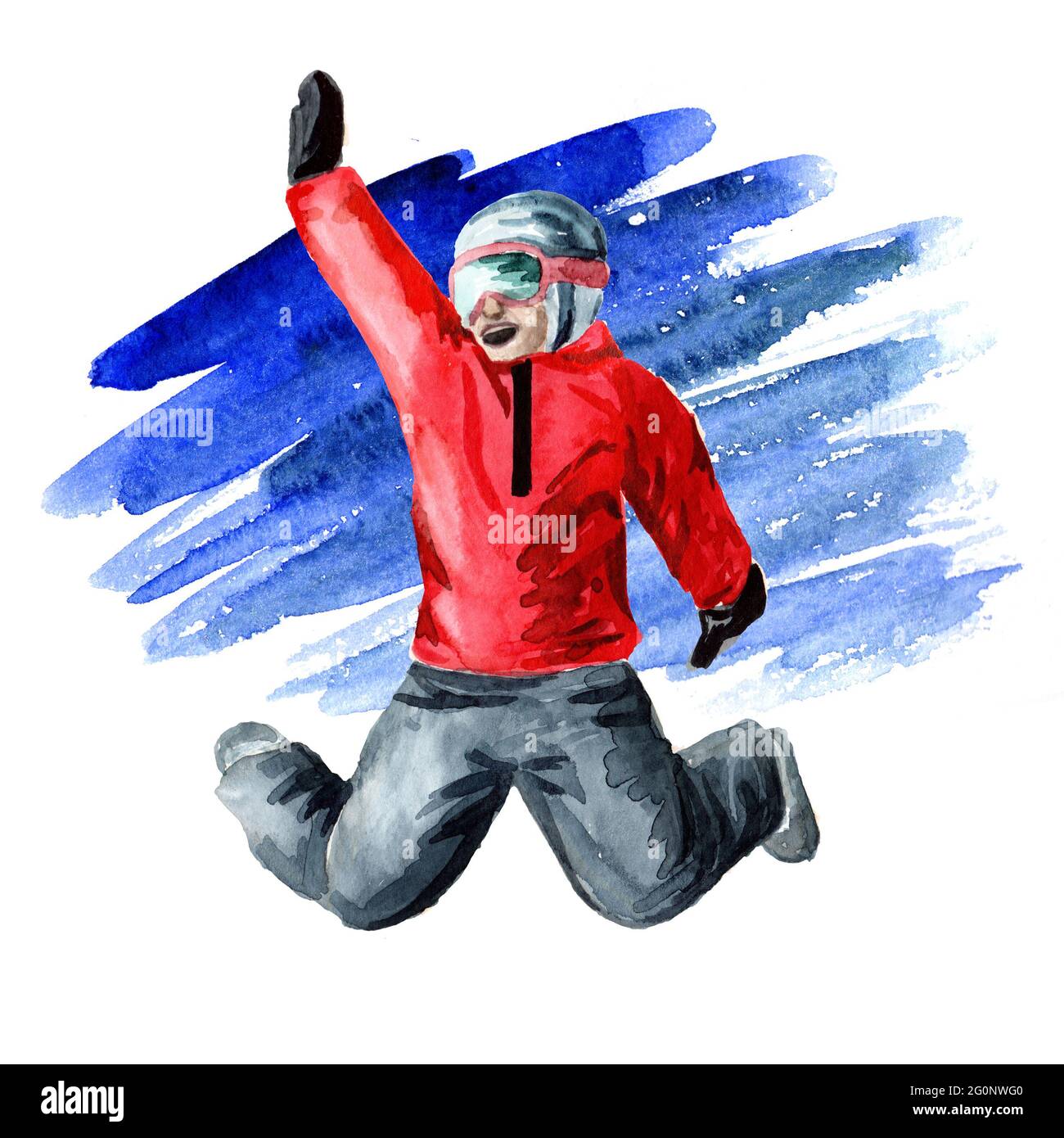 Happy Jumping Skifahrer, Winterrekreation und Urlaubskonzept. Handgezeichnete Aquarelldarstellung isoliert auf weißem Hintergrund Stockfoto