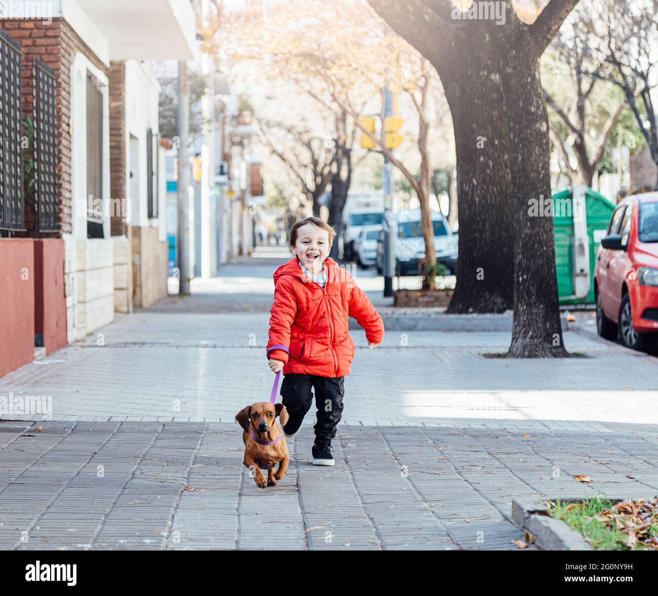 Glücklicher kleiner Junge, der mit seinem Dackel-Hund auf einem Bürgersteig in der Stadt läuft. Stockfoto