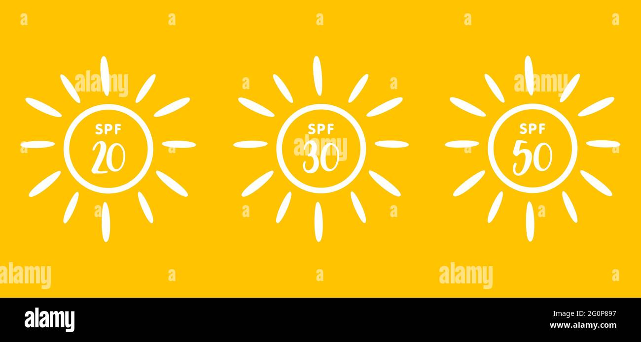 Handgezeichnete Abzeichen. Sonnenschutzkonzept. Spf 20, 30, 50. Vektorgrafiken auf weißem Hintergrund. Stock Vektor