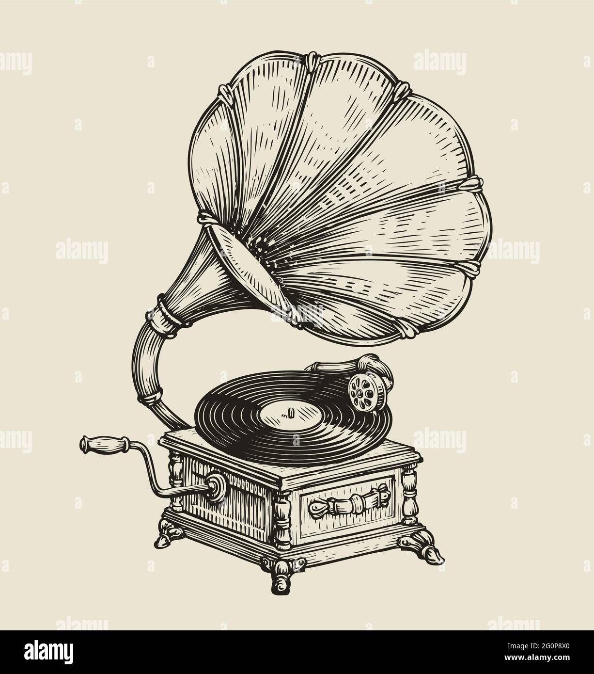 Musikplatte Grammophon in vintage graviert Stil. Handgezeichnete Skizzenvektordarstellung Stock Vektor