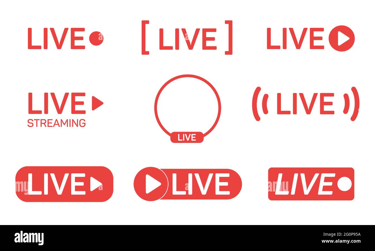 Satz von Live-Streaming-Symbolen. Rote Symbole und Schaltflächen für Live-Streaming, Rundfunk und Online-Stream. Vektorgrafik. Stock Vektor