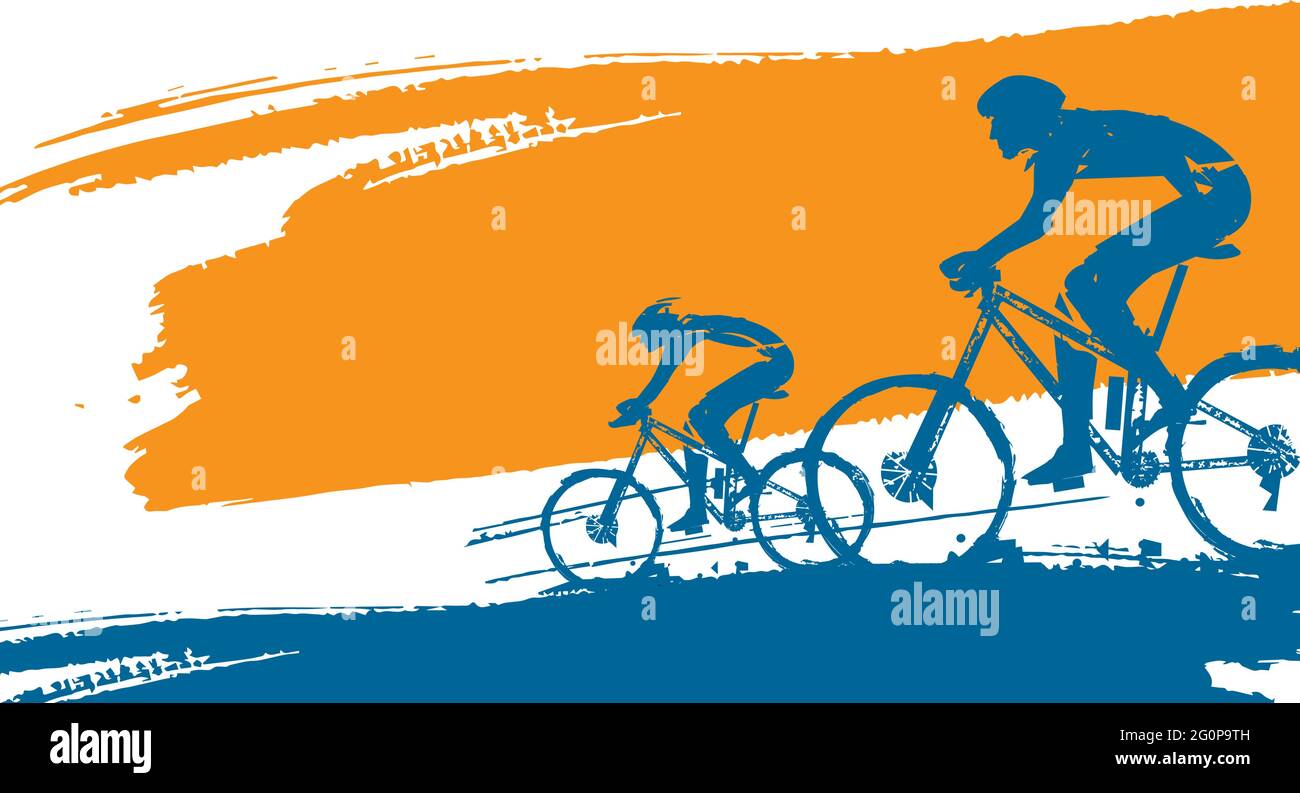 Mountainbike-Radfahrer, Banner Hintergrund. Farbenfrohe Kulisse mit zwei Radfahrern auf ausdrucksstarkem Pinselstrich. Banner-Vorlage. Vektor verfügbar. Stock Vektor
