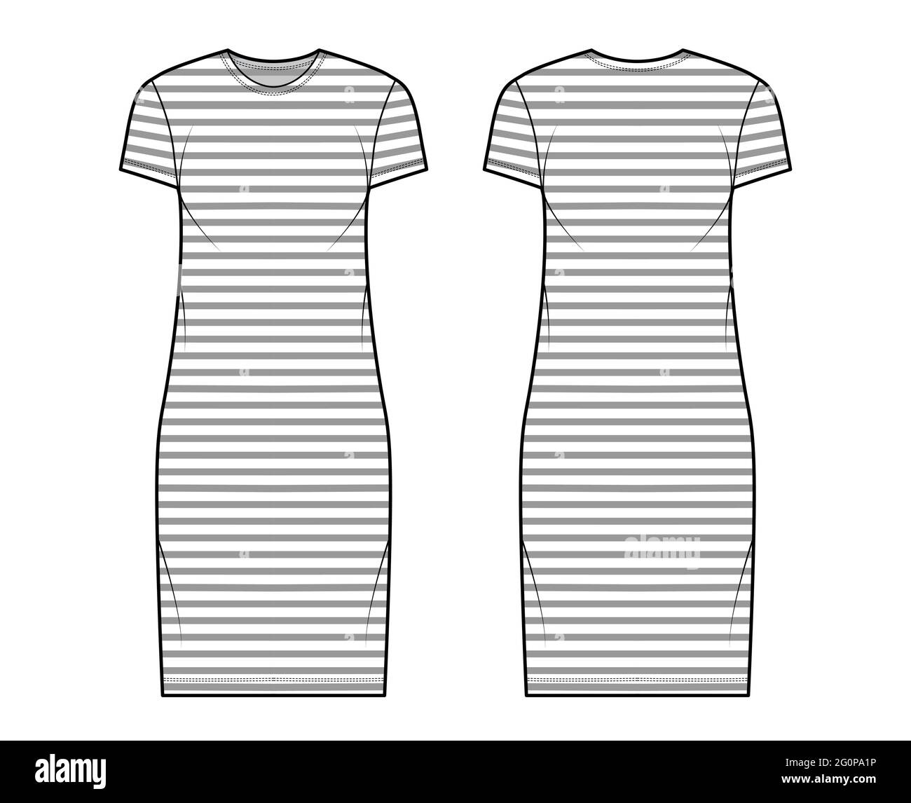 Kleid Seemann technische Mode Illustration mit Streifen, kurze Ärmel, übergroßen Körper, knielangen Bleistiftrock. Flatwear vorne, hinten, in weißer Farbgebung. Frauen, Männer Unisex-CAD-Modell Stock Vektor