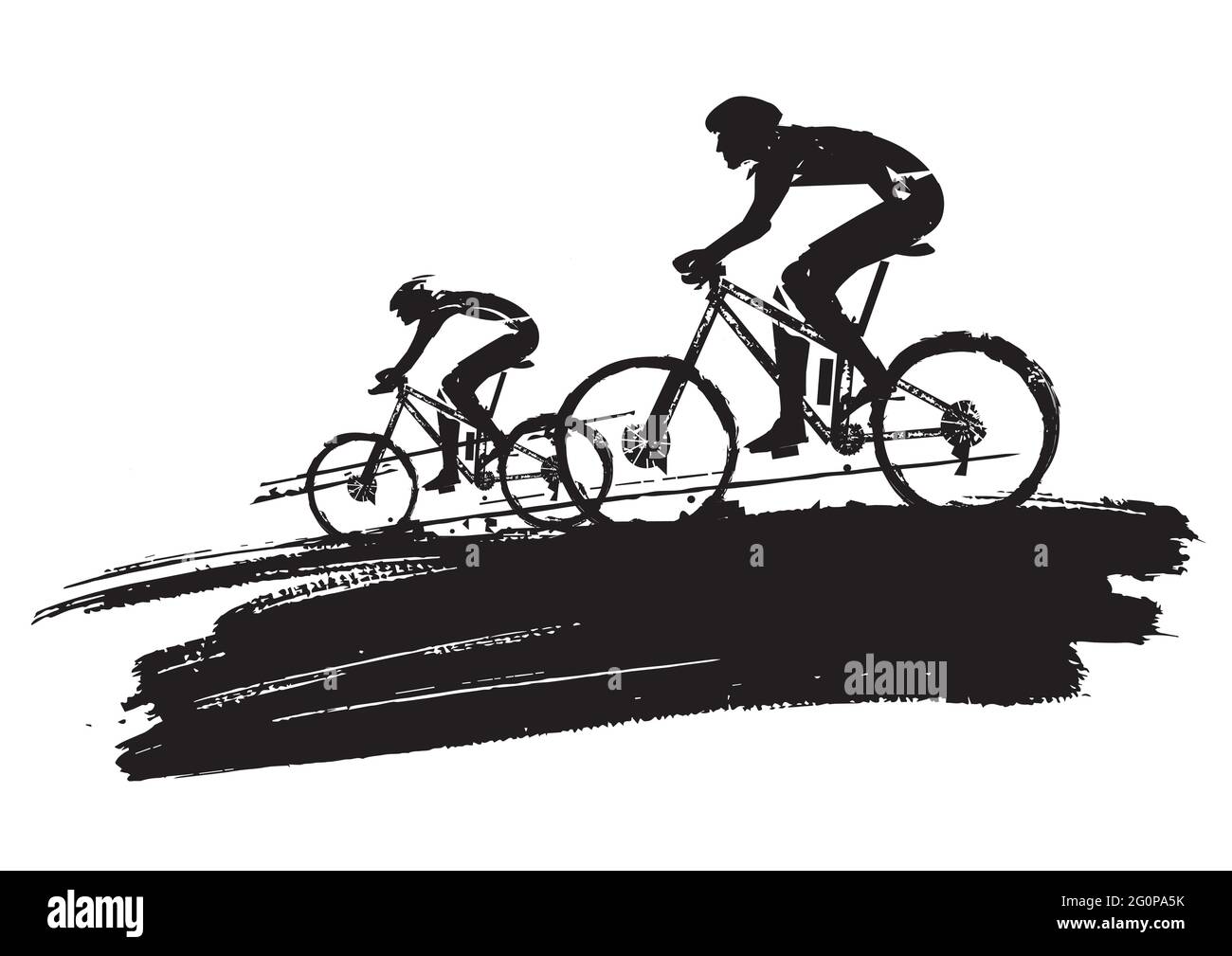 Mountainbike-Radfahrer, Grunge stilisiert. Illustration von zwei Radfahrern auf schwarzem ausdrucksstarkem Pinselstrich. Isoliert auf weißem Hintergrund. Stock Vektor