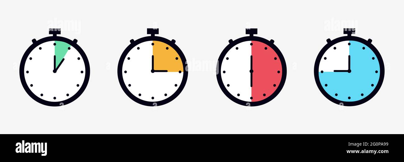 Satz von Timer- und Stoppuhrsymbolen. Timer-Symbol für die Küche mit verschiedenen Minuten. Symbole und Etiketten für die Garzeit. Stock Vektor