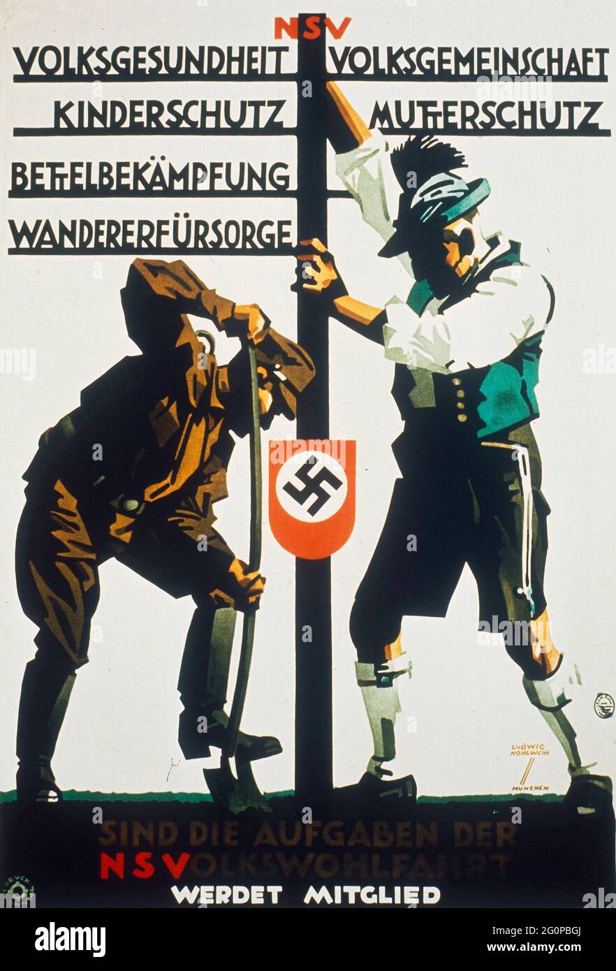 Ein altes Nazi-Propagandaplakat für den Nazi-Sozialdienst, auf dem ein Soldat und ein Bauer beim Graben zusammen sehen Stockfoto
