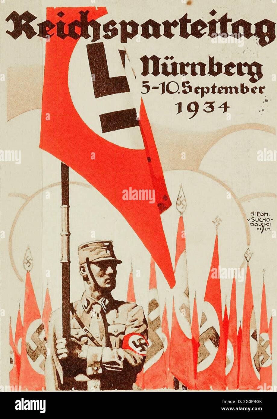 Ein altes Nazi-Propagandaplakat für die Nürnberger Rallye 1934, (Reichstag der Einheit und Stärke). Es wurde von Leni Riefenstahl als Triumph des Willens gefilmt Stockfoto
