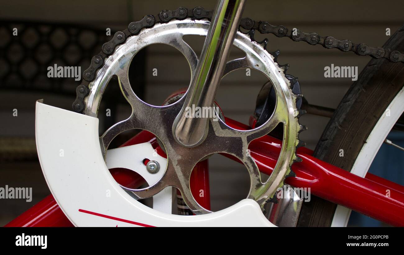 Eine Nahaufnahme eines Fahrradzahnrads und einer Fahrradkette Stockfoto