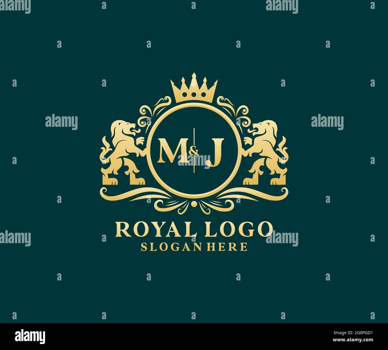 MJ Letter Lion Royal Luxury Logo Vorlage in Vektorgrafik für Restaurant, Royalty, Boutique, Cafe, Hotel, Wappentisch, Schmuck, Mode und andere Vektor il Stock Vektor