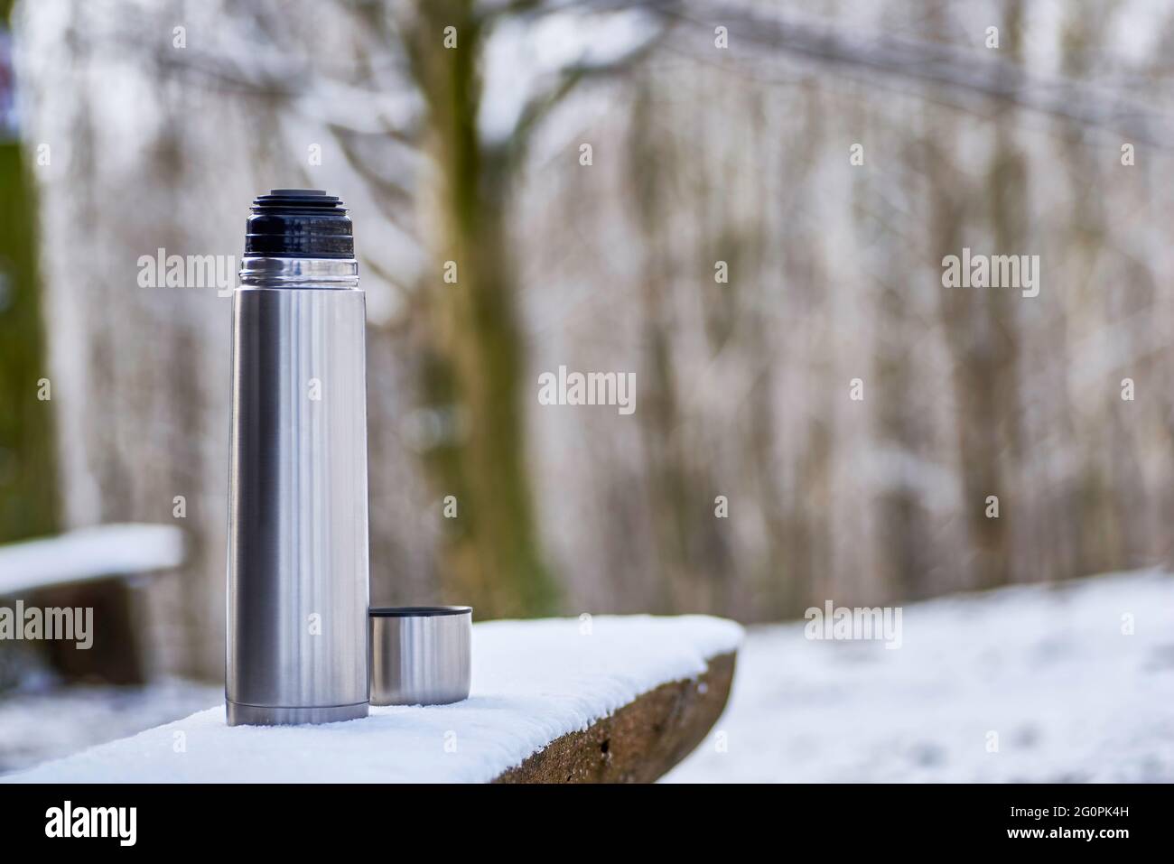 Eine Edelstahl-Thermoskanne mit heißem Tee steht auf einer Bank im Schnee. Winter unfocused Wald Hintergrund. Stockfoto