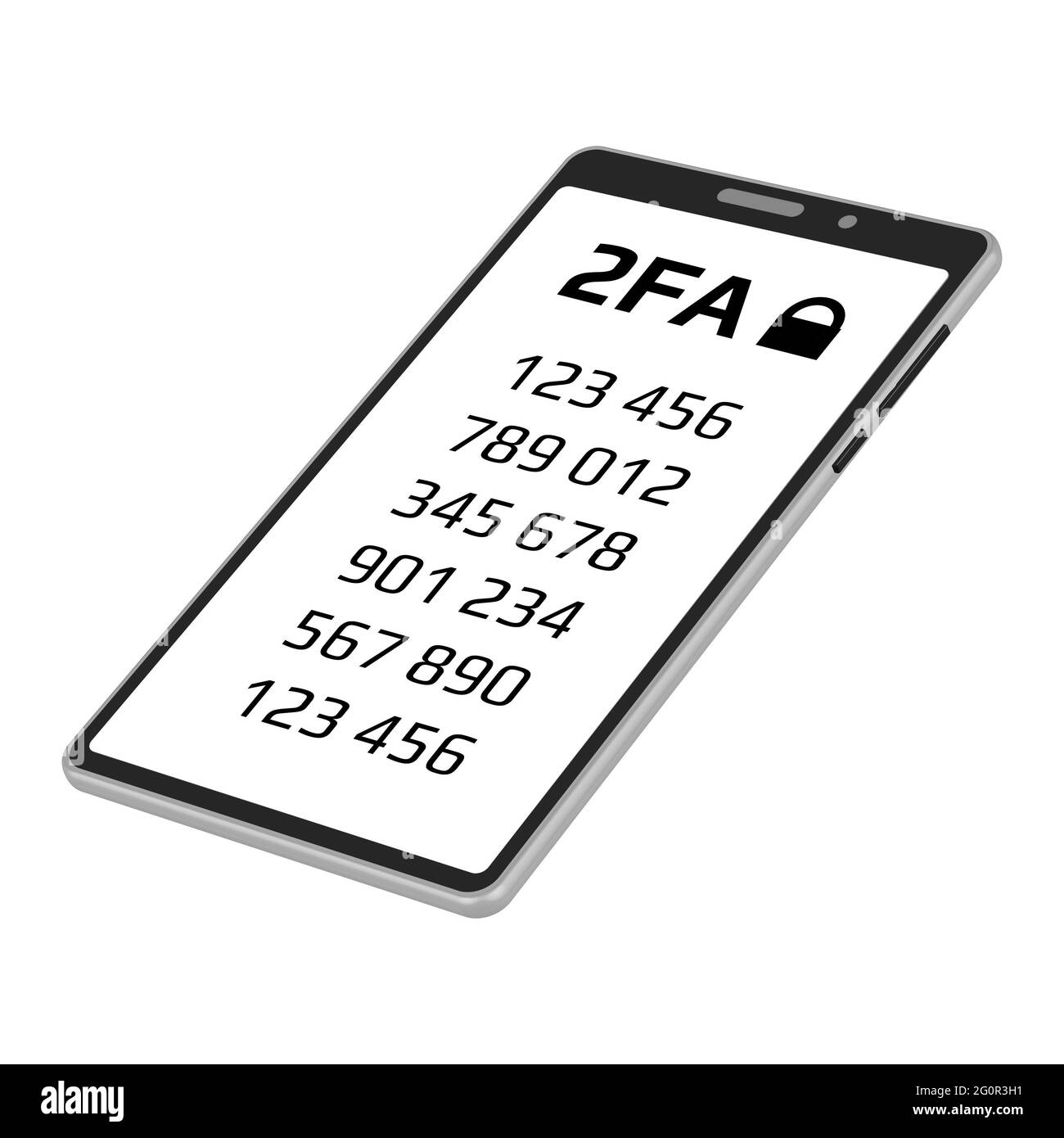 Zwei-Faktor-Authentifizierung 2FA-Konzept mit einem Code auf dem Smartphone-Bildschirm in isometrischer Projektion isoliert auf weißem Hintergrund. Schützen Sie Ihr Geld. Stockfoto