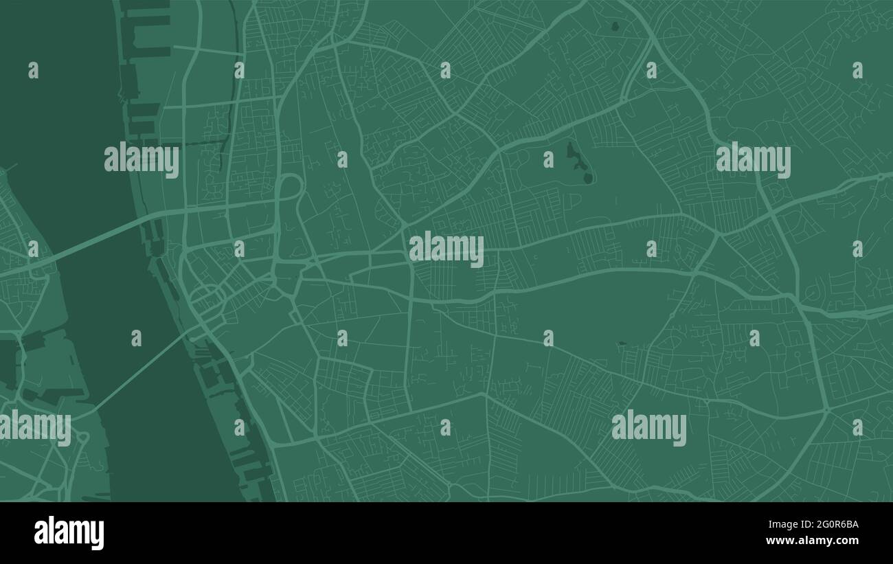 Green Liverpool Stadtgebiet Vektor Hintergrundkarte, Straßen und Wasser Kartographie Illustration. Breitbild-Proportion, digitale Flat-Design-Streetmap. Stock Vektor