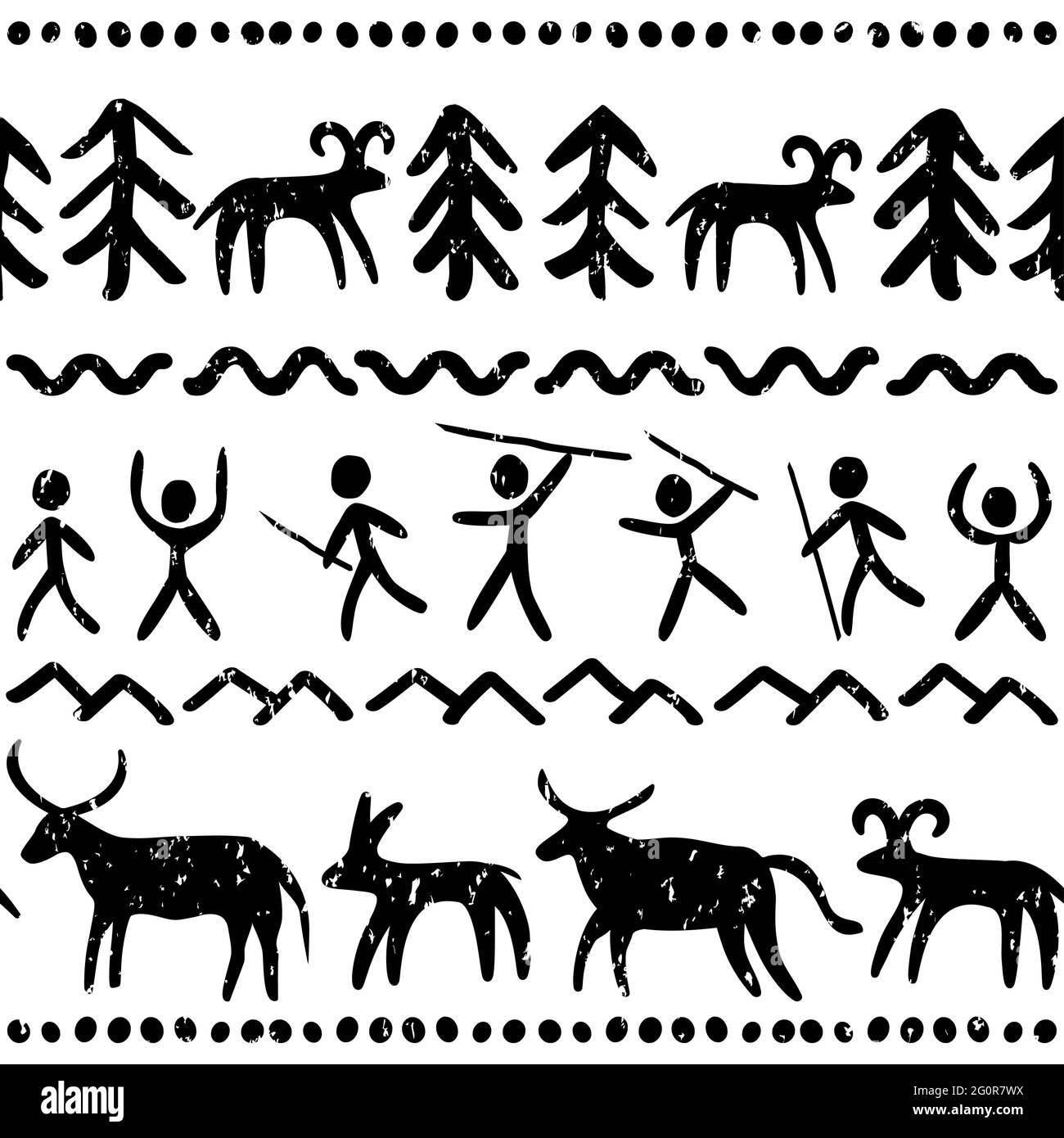 Prähostorische Höhlenmalereien Kunstvektor nahtlose Muster in schwarz-weiß, primitive Design inspiriert von Steinzeichnungen mit Menschen und Tieren Stock Vektor