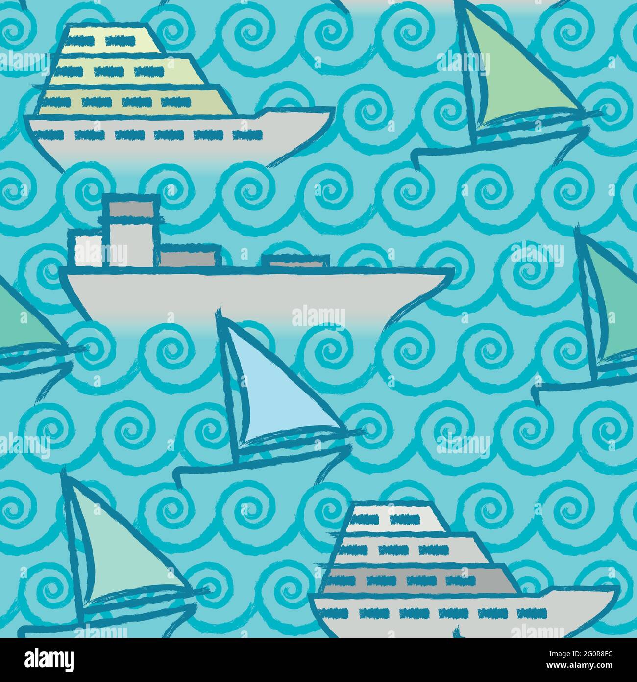 Ein nahtloser Hintergrund verschiedener Arten von Booten, die auf Wellen segeln. Die Zeichnungen werden mit Grunge-Strich angefertigt. Stock Vektor