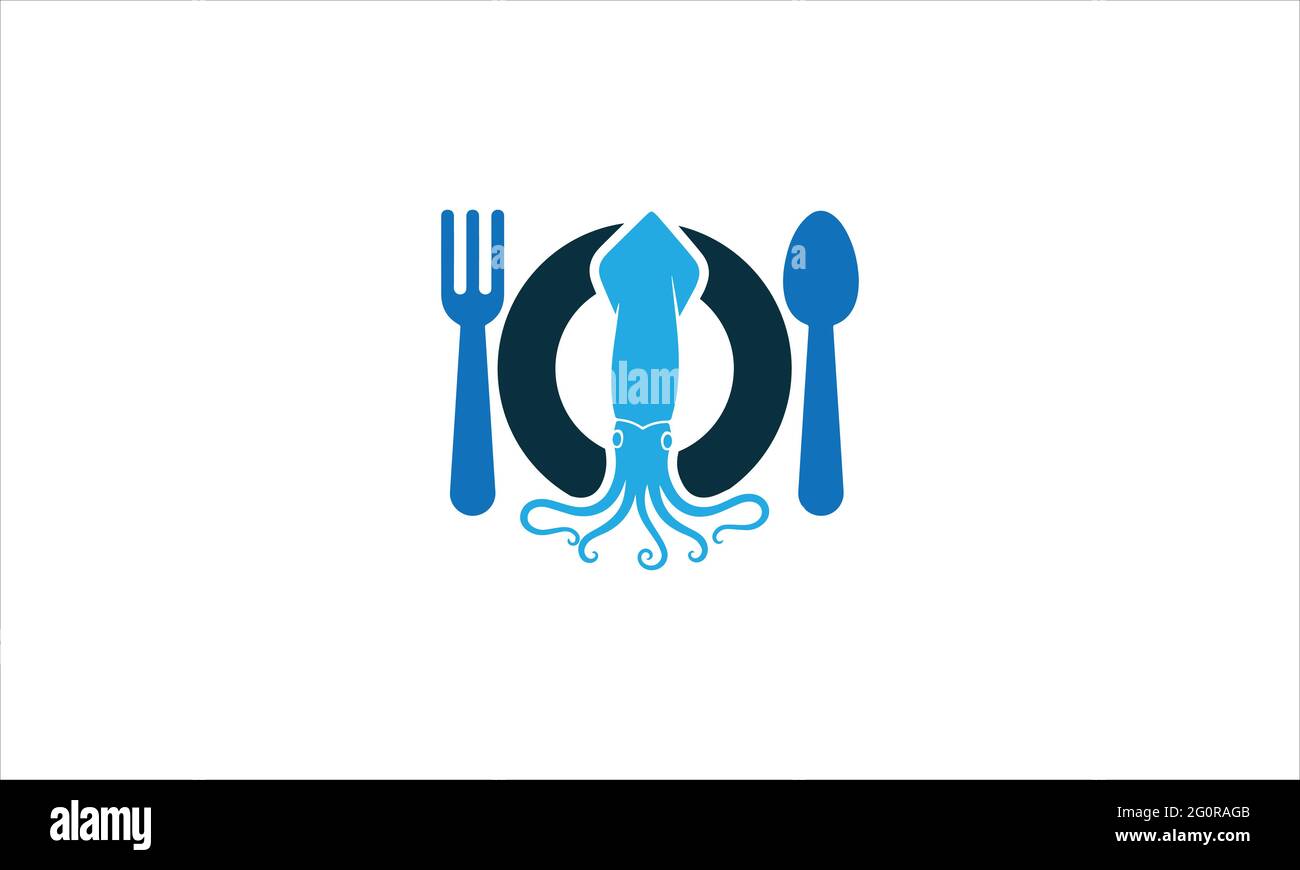 Seafood Restaurant Gabeldeckel und Tintenfisch-Symbol-Design-Illustration Stock Vektor