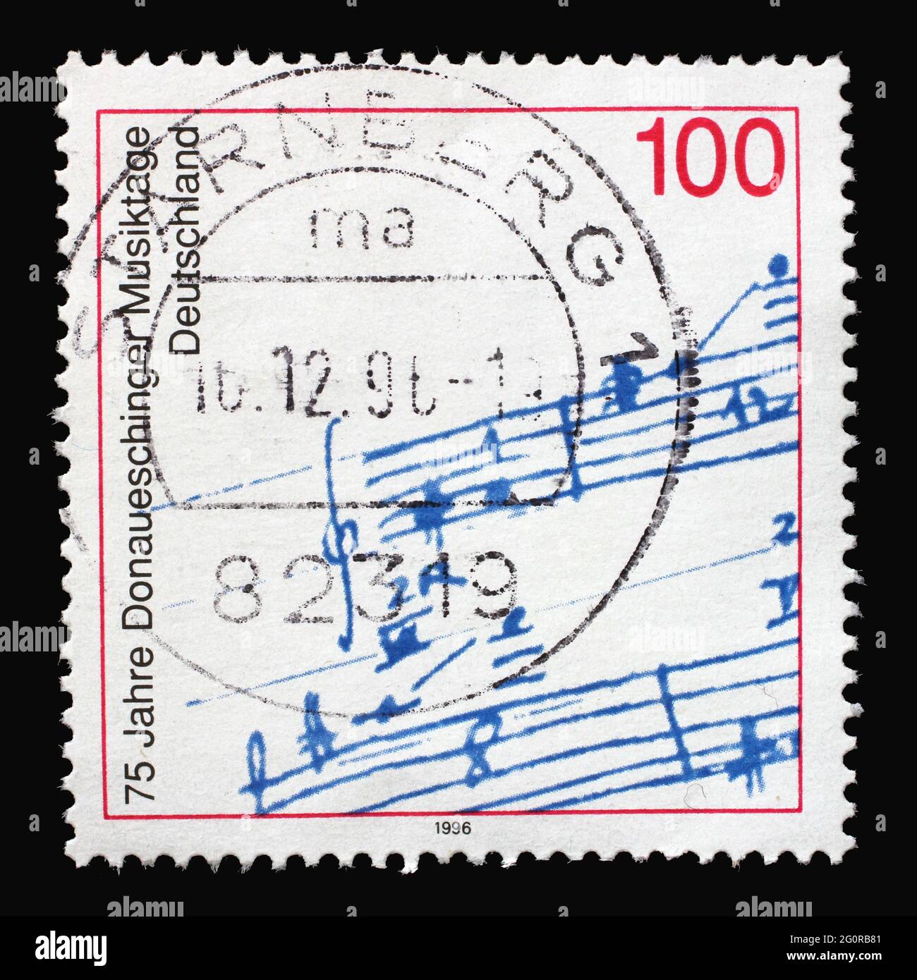 Eine in Deutschland gedruckte Briefmarke zeigt Autograph von Michael Bach Nachtisch, 75. Jahrestag des Donaueschingen Musikfestivals, um 1996 Stockfoto