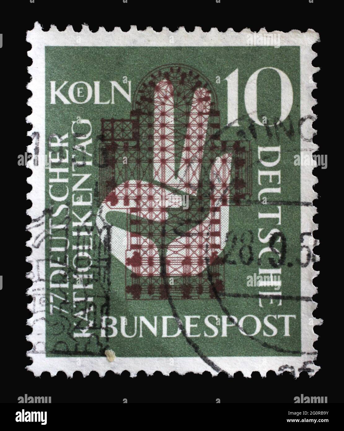 Stempel in Deutschland, zeigt eine zum Eid erhobene Hand vor dem Grundriß des Kölner Doms. Anlass war der 77. Deutsche Katholische D Stockfoto