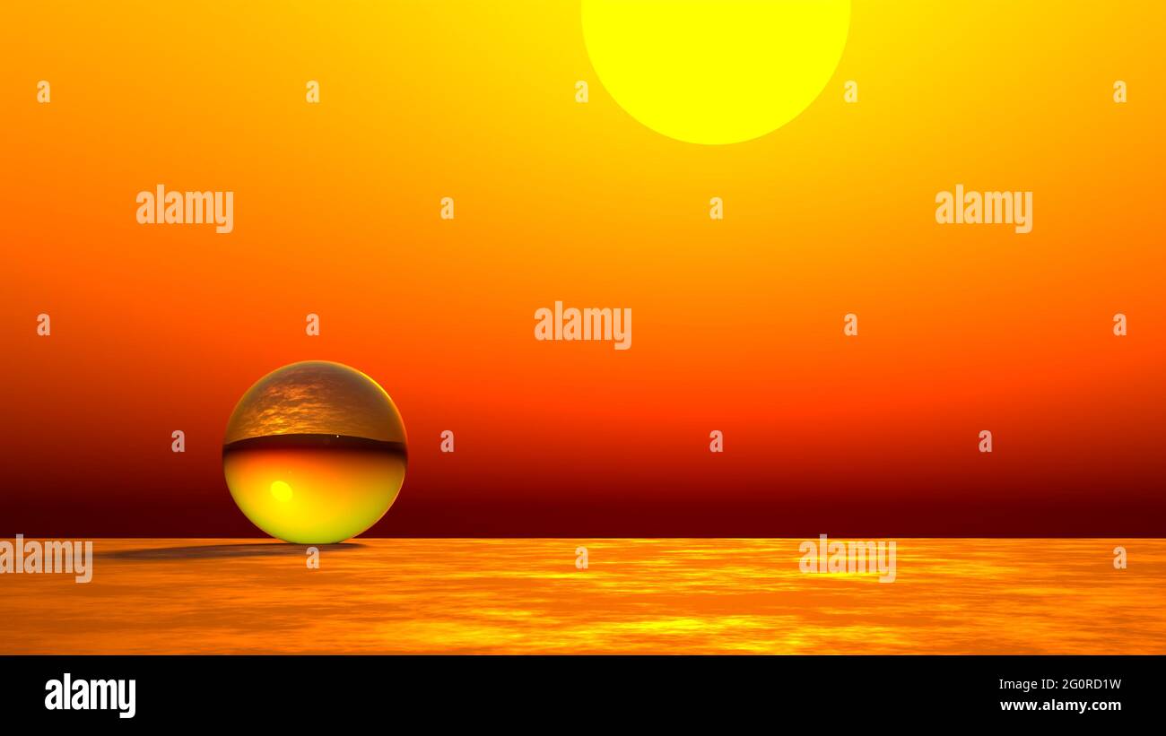 Eine GLÄNZENDE KRISTALLKUGEL IM SOMMER, 3d-Rendering, 3d-Illustration, Stockfoto