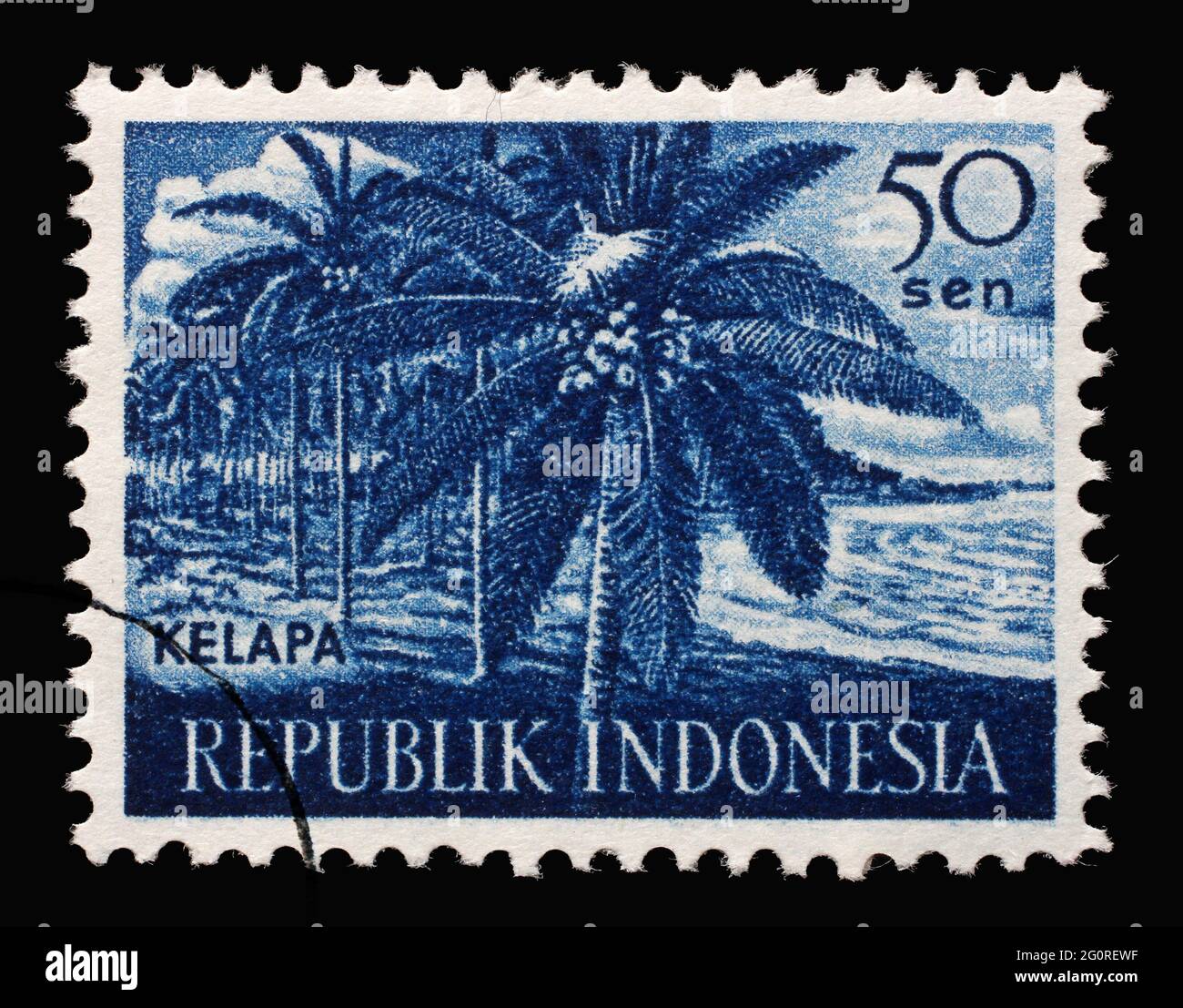 Stempel gedruckt in Indonesien zeigt Coconut (Cocos nucifera) Kelapa, Landwirtschaftliche Produkte Serie, um 1960 Stockfoto
