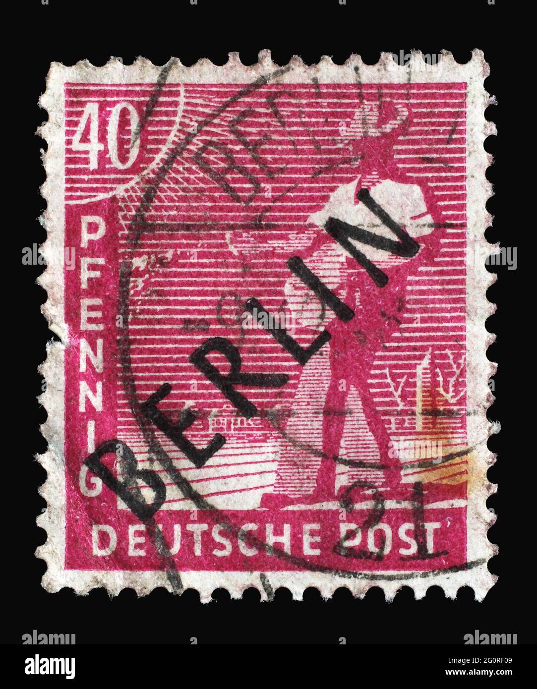 Briefmarke gedruckt in Deutschland, Berlin in Schwarz Aufdruck, amerikanisch-britisch-sowjetische Besatzung (Trizone) zeigt Sower, um 1948 Stockfoto