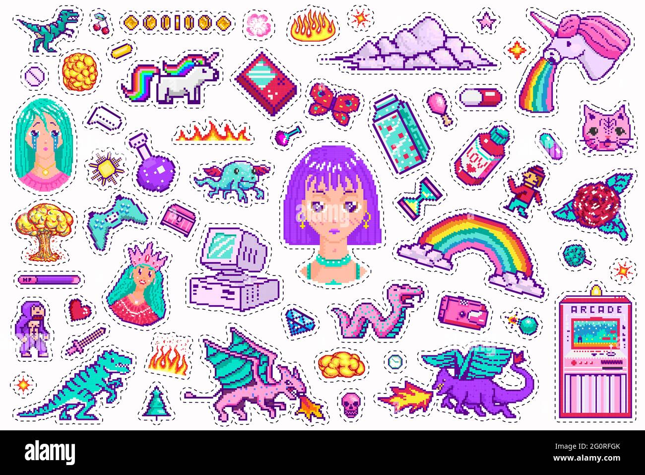 Pixel Art 8-Bit-Objekte. Digitale Spielelemente im Retro-Stil. Set von rosa Mode-Ikonen. Vintage Aufkleber für Mädchen. Arcades Computervideo und Figuren. Pony Stock Vektor