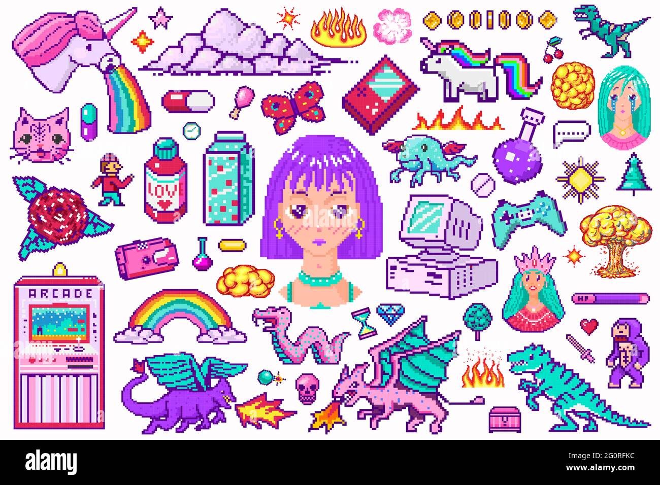 Pixel Art 8-Bit-Objekte. Digitale Spielelemente im Retro-Stil. Set von rosa Mode-Ikonen. Vintage Aufkleber für Mädchen. Arcades Computervideo und Figuren. Pony Stock Vektor