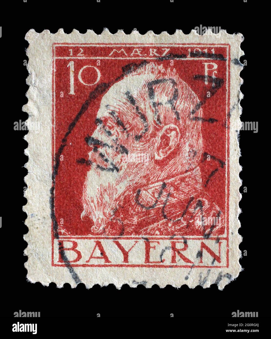 Die in Bayern gedruckte Briefmarke zeigt das Porträt des Prinzregenten Luitpold, um 1911 Stockfoto