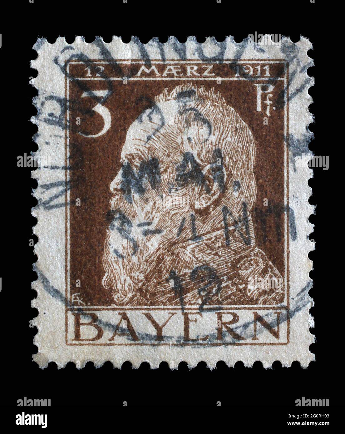 Die in Bayern gedruckte Briefmarke zeigt das Porträt des Prinzregenten Luitpold, um 1911 Stockfoto