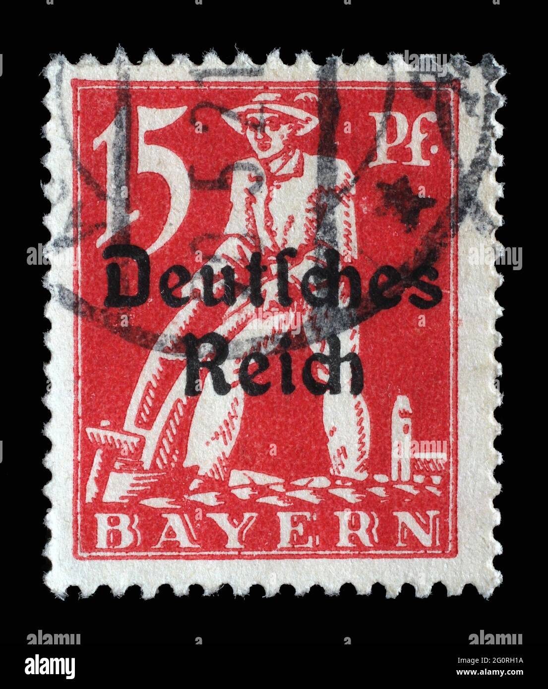 Die in Bayern gedruckte Briefmarke mit einem Aufdruck des Deutschen Reiches zeigt Plowman, um 1920 Stockfoto