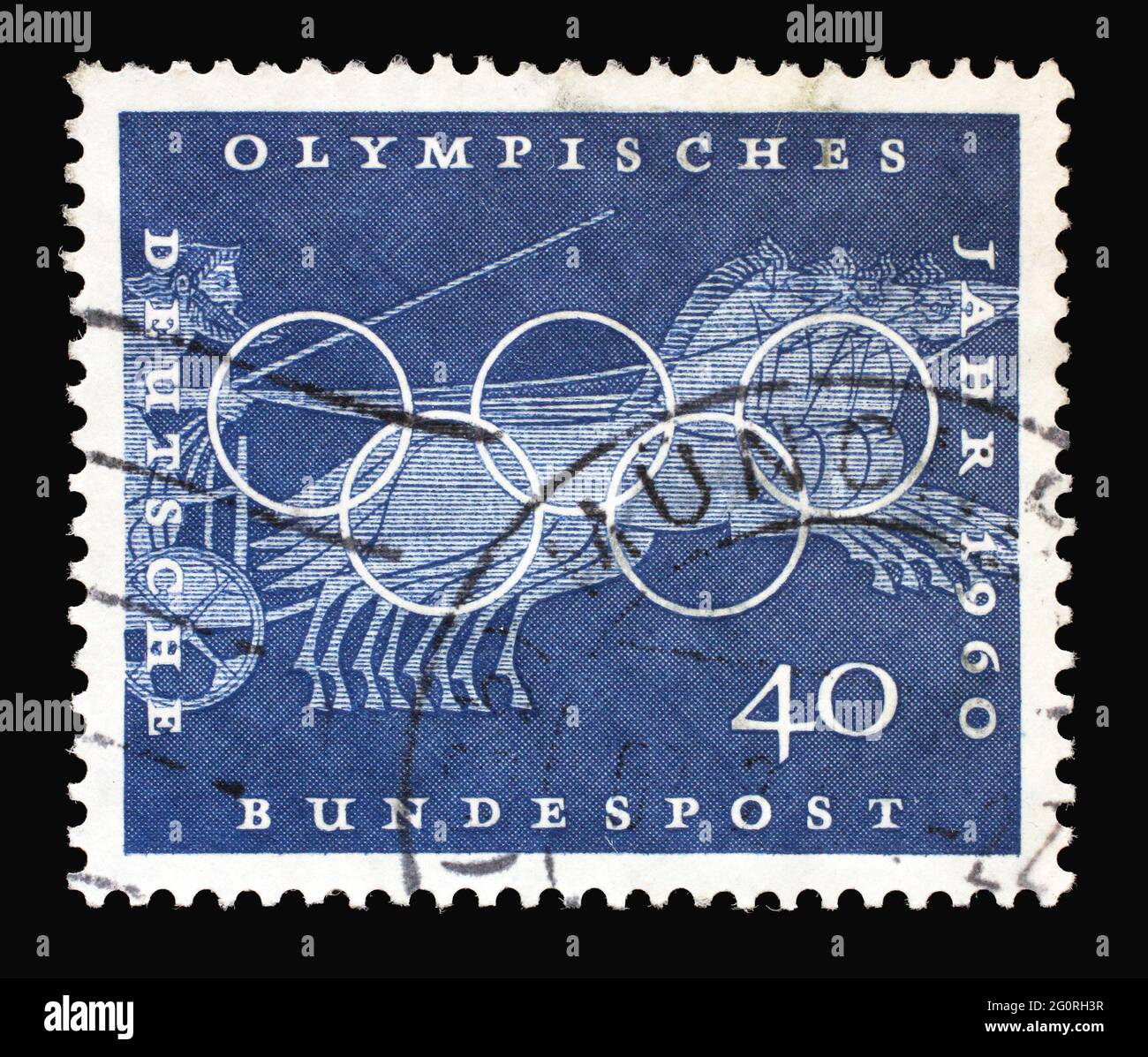 In Deutschland gedruckte Marke mit dem Chariot-Rennen, Sportszene aus griechischen Vasenbildern, olympischen Ringen und zur Förderung der 17. Olympischen Spiele in Rom, um 196 Stockfoto