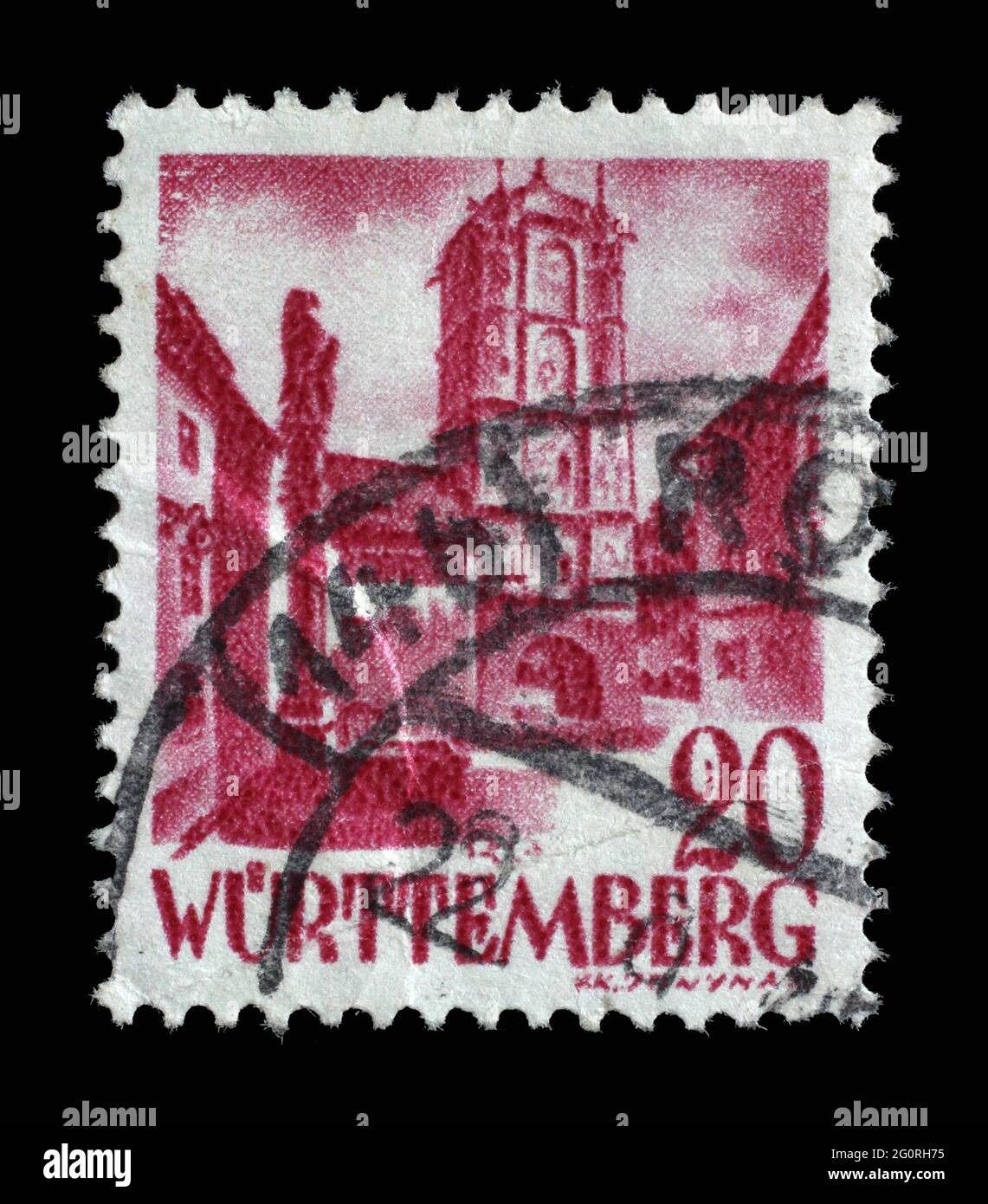 Briefmarke gedruckt in Deutschland, Französische Besetzung von Württemberg zeigt Stadttor aus Wangen, um 1948 Stockfoto