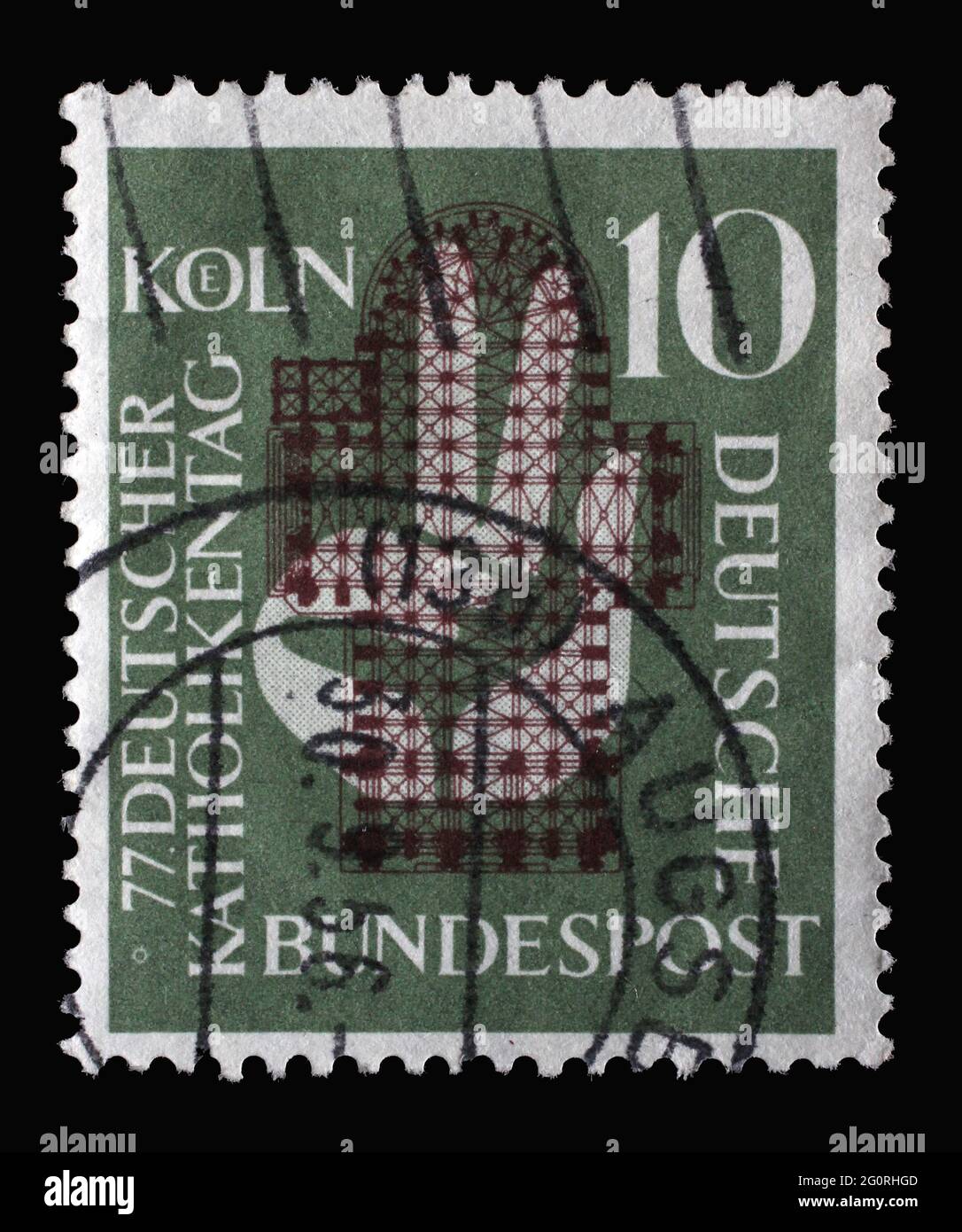 Stempel in Deutschland, zeigt eine zum Eid erhobene Hand vor dem Grundriß des Kölner Doms. Anlass war der 77. Deutsche Katholische D Stockfoto