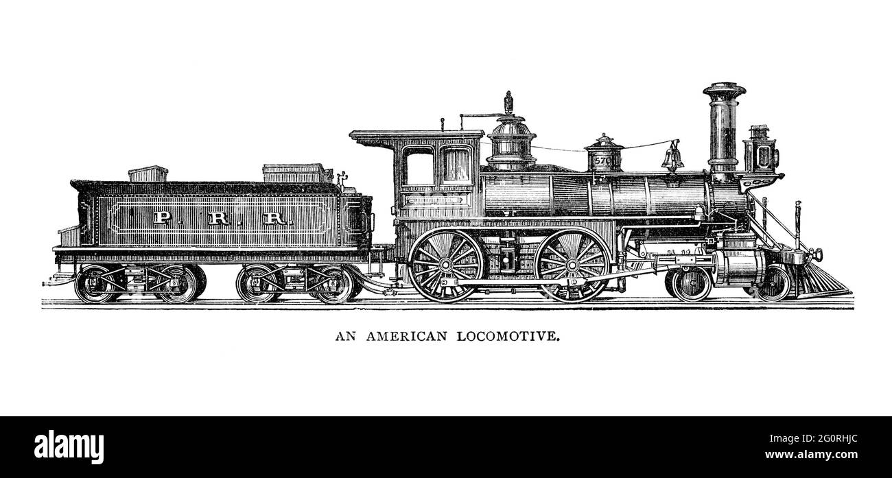 Eine gravierte Illustration einer alten amerikanischen Lokomotive aus einem viktorianischen Buch aus dem Jahr 1883, das nicht mehr urheberrechtlich geschützt ist Stockfoto
