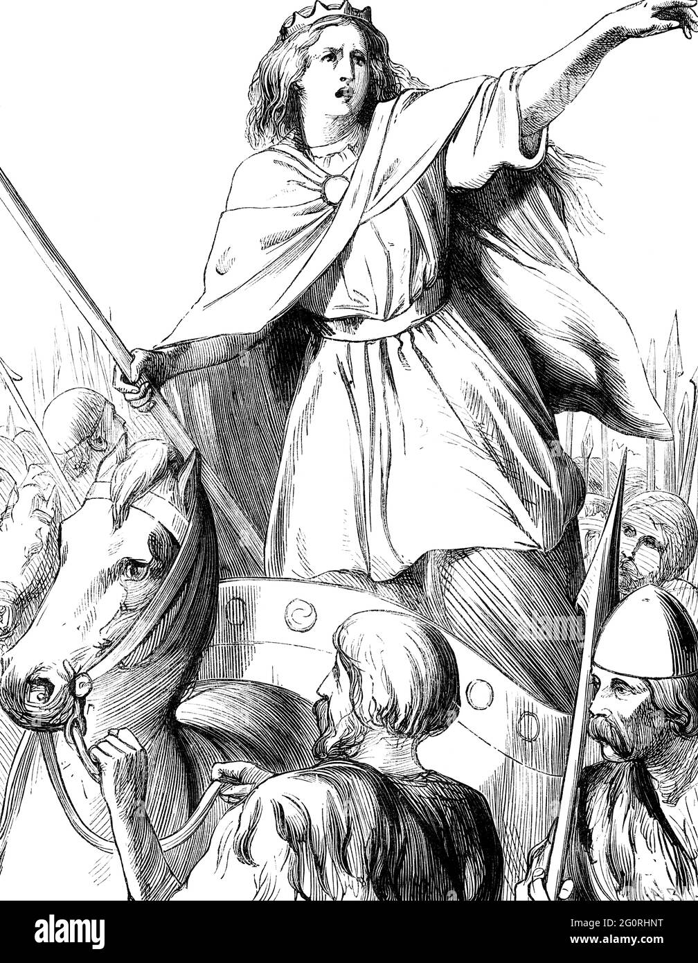 Gravierte Vintage-Illustration von Königin Boudicca (Boudicea) aus einem viktorianischen Buch von 1866, das nicht mehr urheberrechtlich geschützt ist Stockfoto