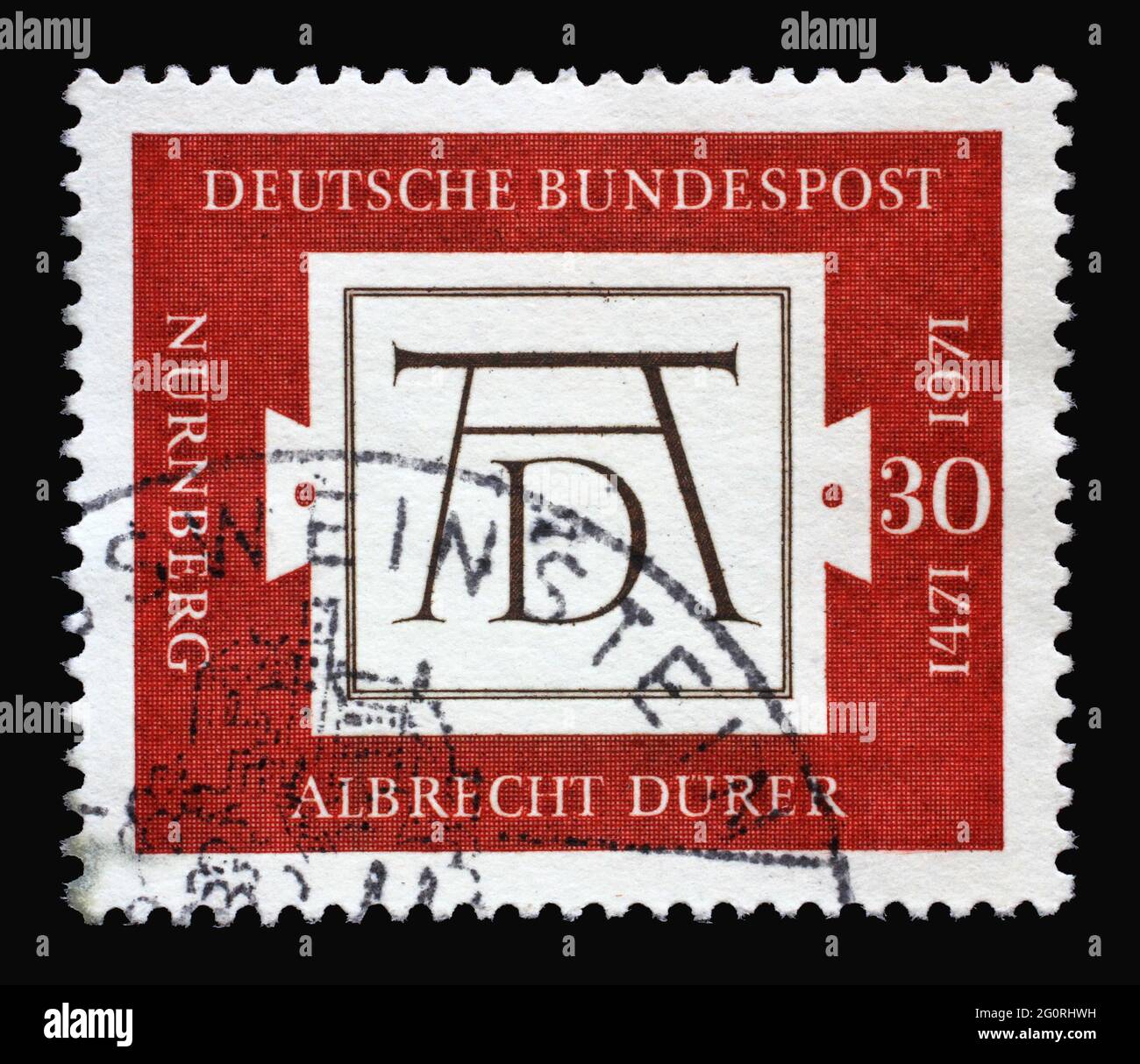 In Deutschland gedruckte Briefmarke zeigt AD, Signum von Albrecht Dürer (1471-1528), Maler und Grafiker, 500. Geburtstag von Albrecht Dürer, um Stockfoto
