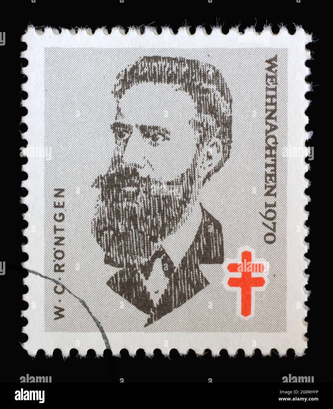 Die in Deutschland gedruckte Briefmarke zeigt das Porträt von Wilhelm Conrad Röntgen, Weihnachten 1970, um 1970 Stockfoto
