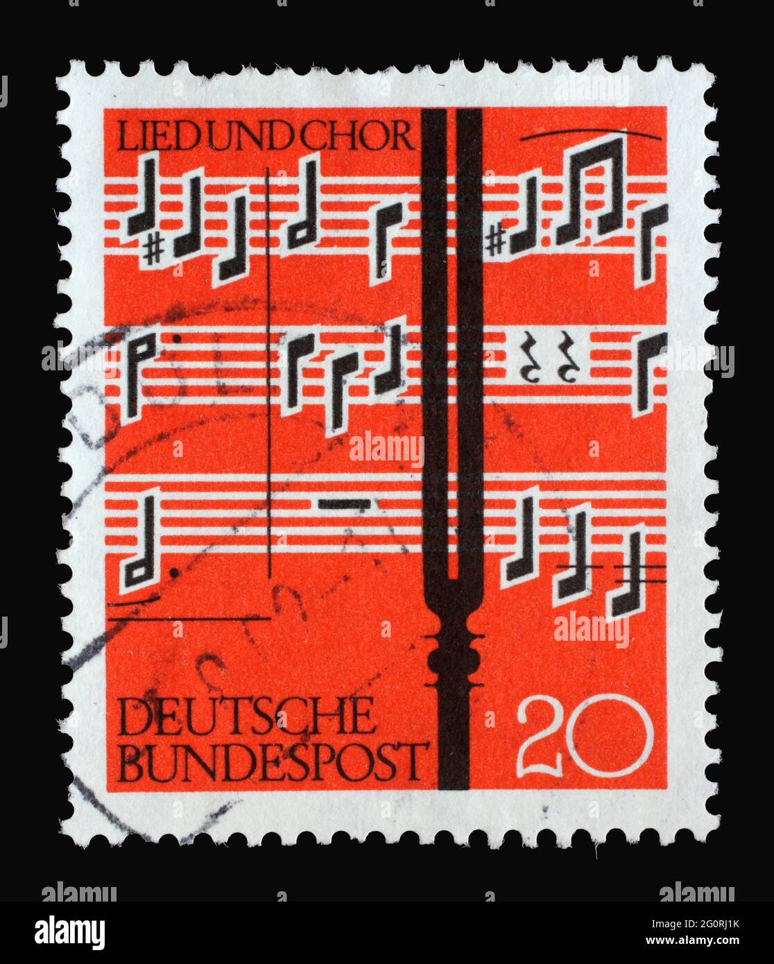 Die in Deutschland gedruckte Briefmarke zeigt Notizen und Stimmgabel, herausgegeben, um die Wertschätzung des Chorgesangs zu zeigen. Die Musik stammt aus den „Musae Sioniae“ von Michael Stockfoto