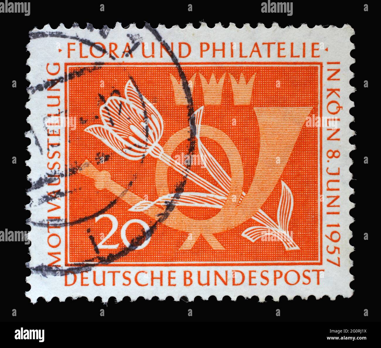 Stempel in Deutschland, zeigt ein Posthorn und eine Tulpe. Anlass ist die Motivausstellung Flora und Philatelie in Köln, um 1957 Stockfoto