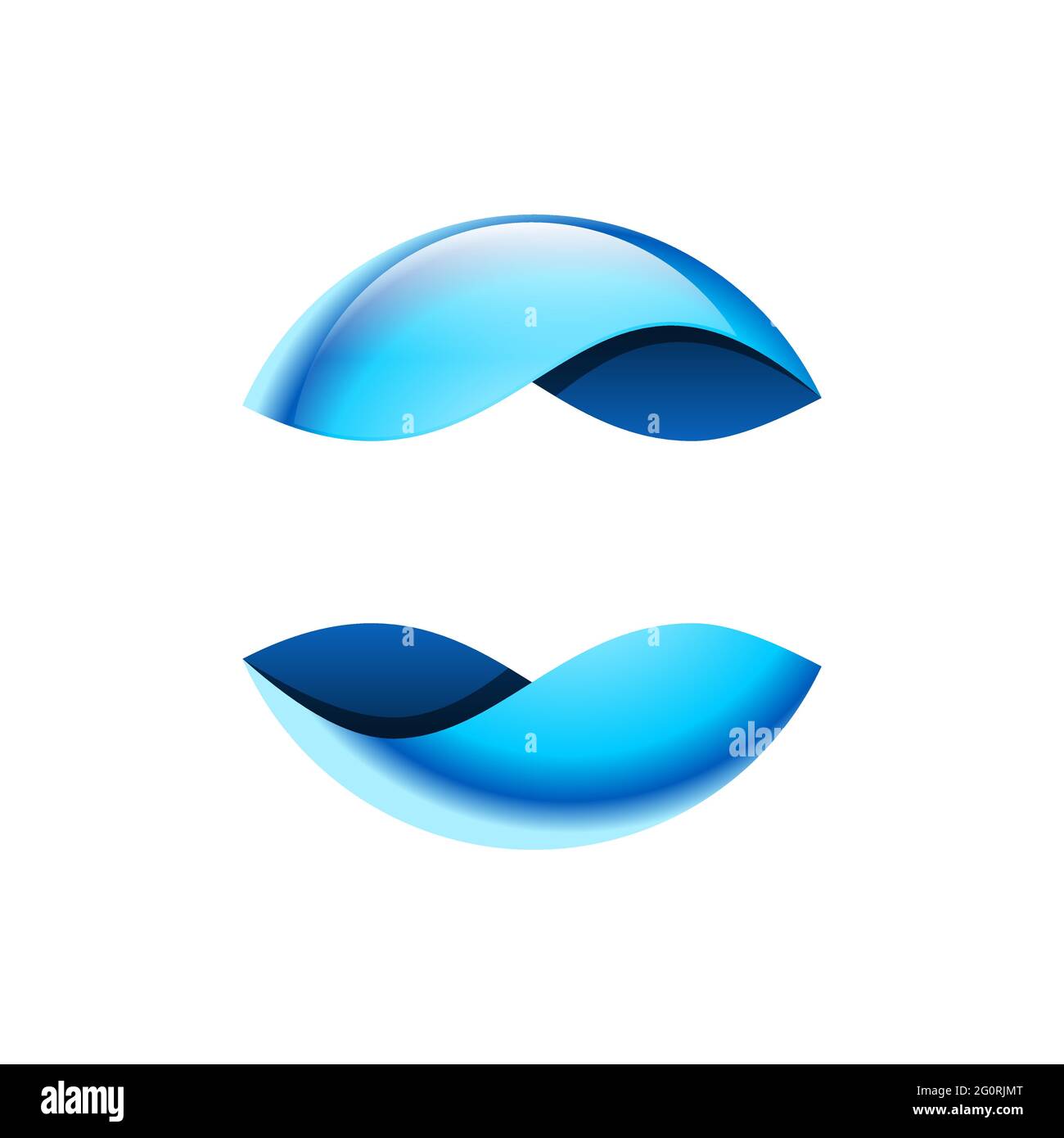 Blaues, glänzendes Kugellogo. Zwei blau leuchtende Kreishälften mit Platz für Text. Abstrakter Yin Yang Ball. Leuchtende Kugel, die Wasser oder Ozean symbolisiert. Vektor Stock Vektor