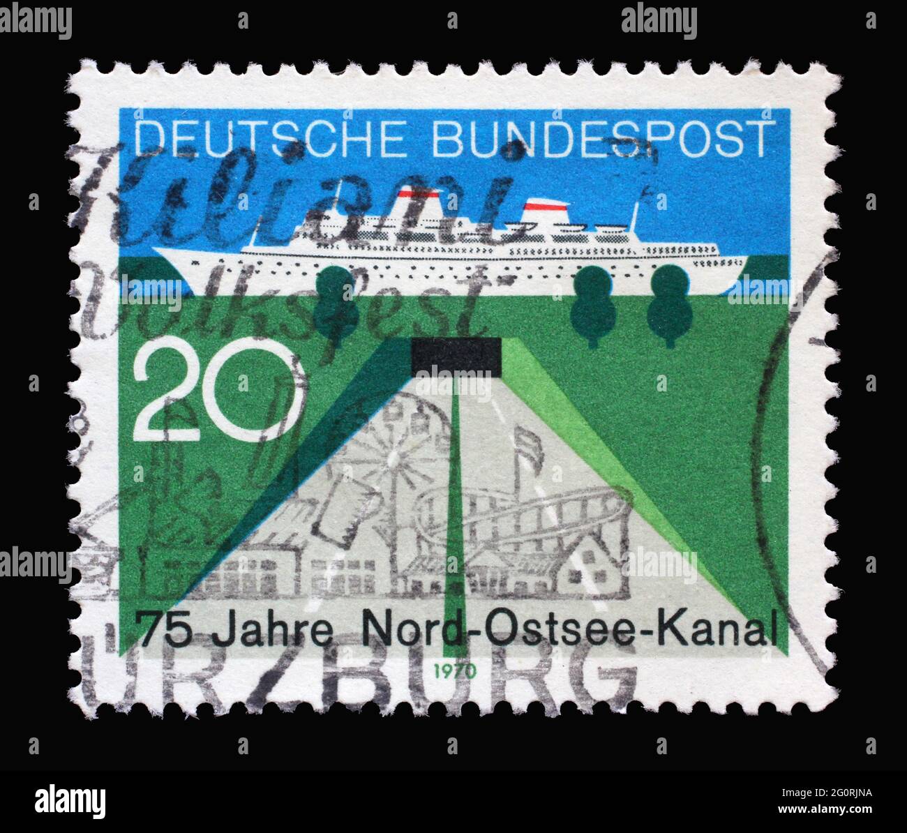 In Deutschland zu Ehren des 75-jährigen Bestehens des Kieler Kanals, um 1970, gedruckte Briefmarke Stockfoto