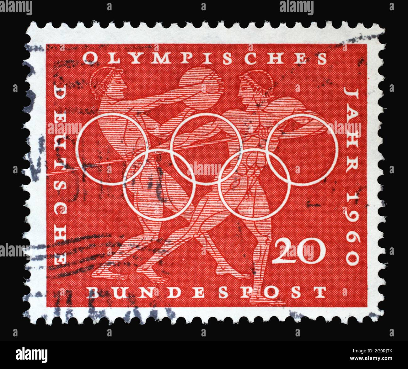 In Deutschland gedruckte Marke mit Diskus- und Speerwurf, olympischen Ringen und zur Förderung der 17. Olympischen Spiele in Rom, um 1960 Stockfoto